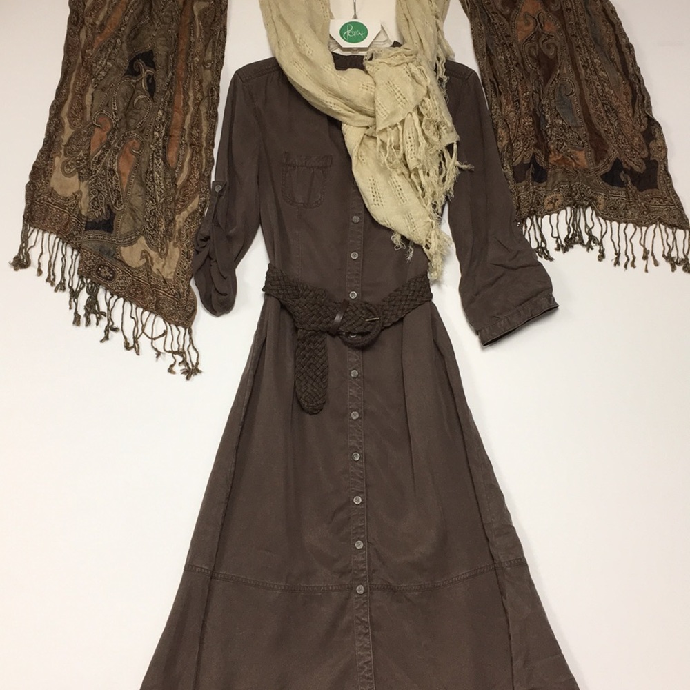Long Brown Button Down Dress, 100% Tencel, Size 10
